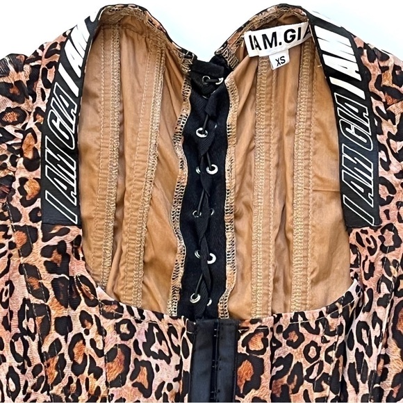 I.AM.GIA Long Sleeve Chelsea Leopard Corset Top XS Lace Up Back Ruched Sleeves - Picture 6 of 11